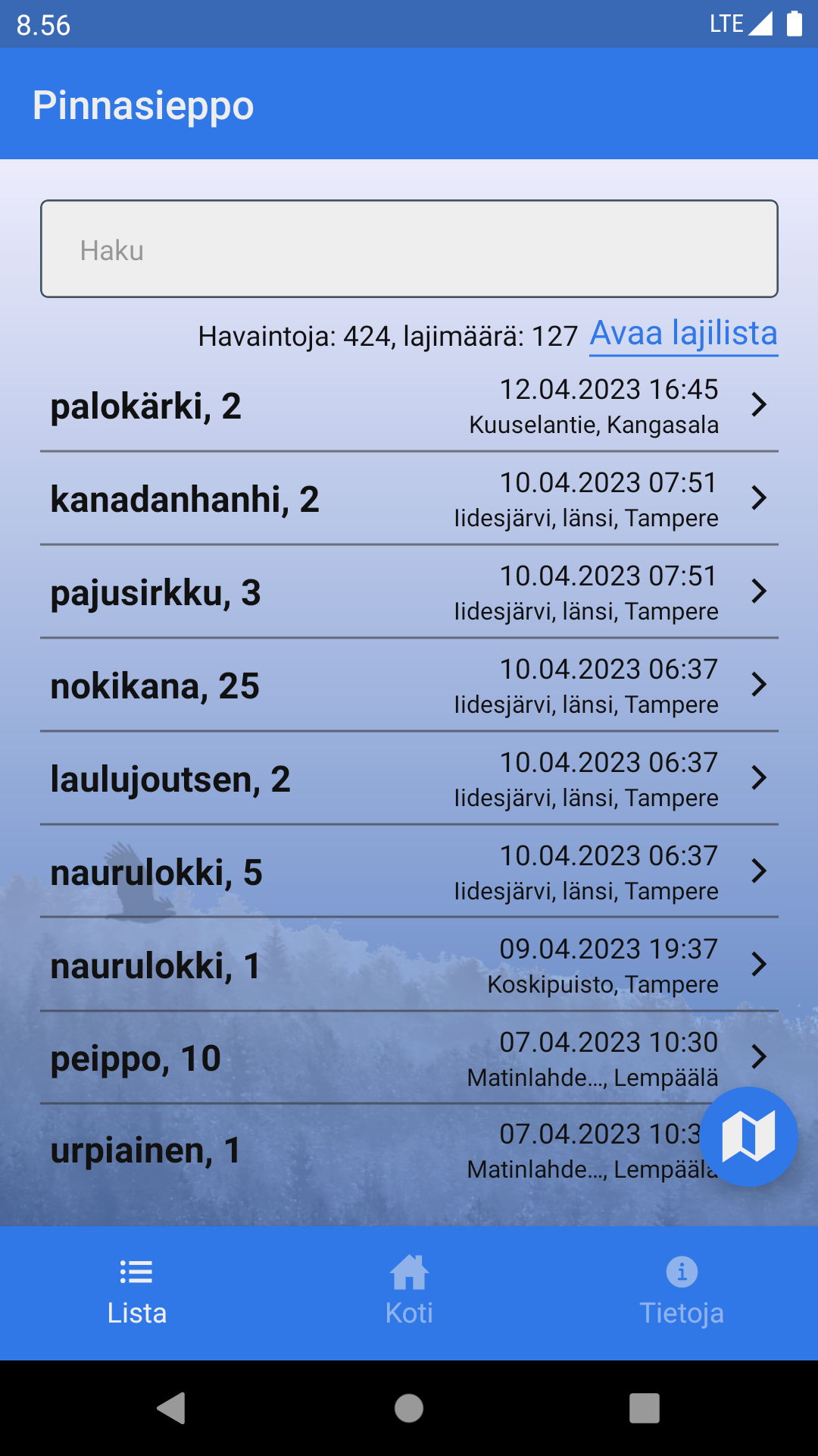 Pinnasieppo Havaintolista